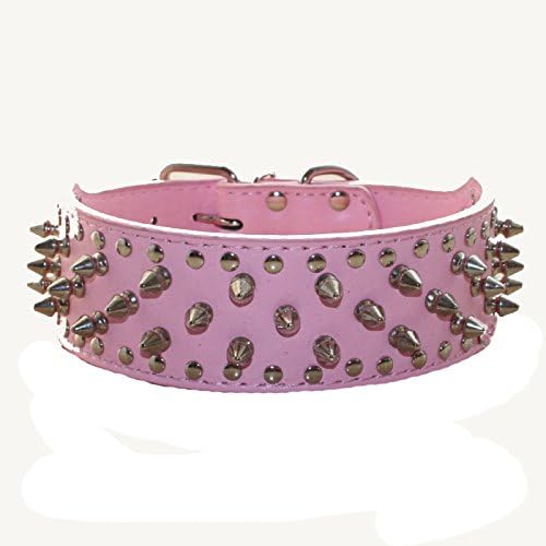 Serijoars Spiked Studded Dog Collar, PU Leather Dog Collar, Adjustable Pet Collars for Medium or Large Breed Pet (XL, Pink)