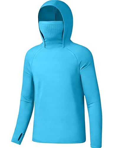 Boys Hooded Fishing Shirt with Mask, Kids UPF 50+ Long Sleeve Rash Guard Hoodie, Sun Protection Beach Swim Shirts - color: Light Blue, size: Large