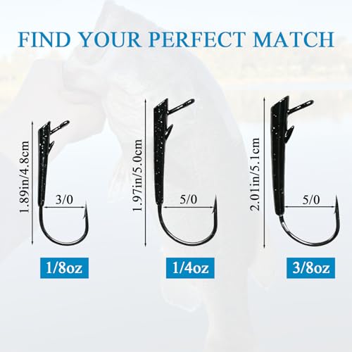 15-Pack Ozark Rig Weedless Jig Heads, 3/0 5/0 Texas Rig Hooks, Saltwater & Freshwater Fishing Hooks, 1/8oz, 1/4oz, 3/8oz Options - size: 3/8oz-15Pack