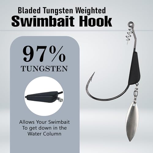 Reaction Tackle Tungsten Bladed Underspin Swimbait Hooks, Weighted Weedless Jig Heads for Bass, Pike, and Musky, Freshwater and Saltwater Fishing (3-Pack) - size: 3/16 Oz - 4/0 Hook