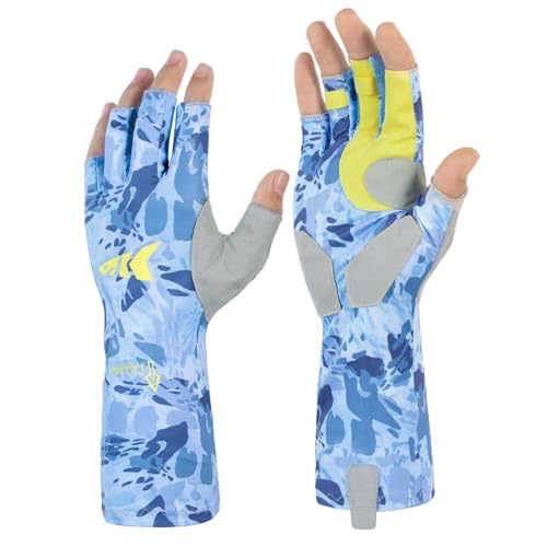 KastKing Agies Fishing Gloves Men, UPF 50+ Sun Gloves UV Protection, Cooling Quick-Dry 3/4 Fingerless Gloves with Extended Cuff, Microfiber Palm & Pull Tabs, for Fishing, Kayaking, Hiking, Hunting - color: X Camo-Blue, size: Large-X-Large
