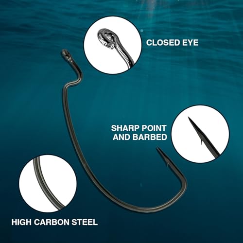 Reaction Tackle Offset EWG Worm Hooks - Super Strong Wide Gap Texas Rig Hooks for Soft Plastic Baits - High Carbon Steel Bass Fishing Hooks (25-Pack) - size: #1