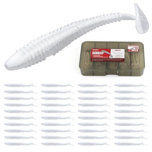 Paddle Tail Swimbaits 100/80/50PCS, 5/4/3/2 inch Soft Fishing Lures Bulk Pack – Durable Lifelike Action Lures for Bass, Trout, Crappie – Freshwater & Saltwater Fishing Gifts - color: White Pearl, size: 5in, 50pcs