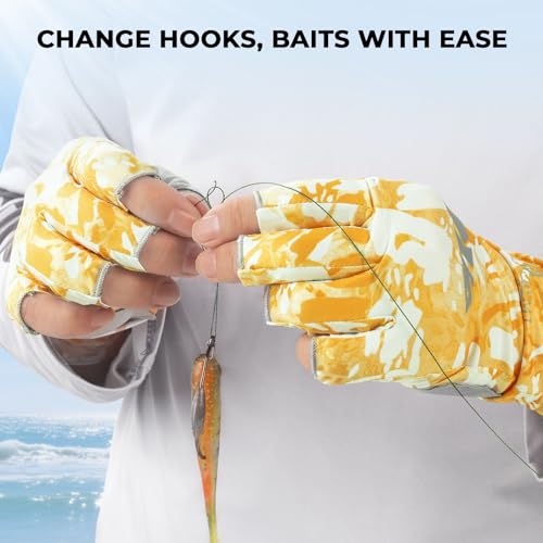 KastKing Agies Fishing Gloves Men, UPF 50+ Sun Gloves UV Protection, Cooling Quick-Dry 3/4 Fingerless Gloves with Extended Cuff, Microfiber Palm & Pull Tabs, for Fishing, Kayaking, Hiking, Hunting - color: X Camo-Mahi, size: Small-Medium