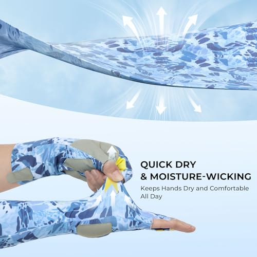 KastKing Agies Fishing Gloves Men, UPF 50+ Sun Gloves UV Protection, Cooling Quick-Dry 3/4 Fingerless Gloves with Extended Cuff, Microfiber Palm & Pull Tabs, for Fishing, Kayaking, Hiking, Hunting - color: X Camo-Blue, size: Large-X-Large