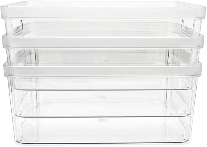 Isaac Jacobs 3-Pack Medium Clear Storage Bins (8” L x 10” W x 4.25” H) w/Cutout Handles, Plastic Organizer for Home, Office, Kitchen, Fridge/Freezer, Bathroom, BPA Free, Food Safe (3-Pack, Medium)