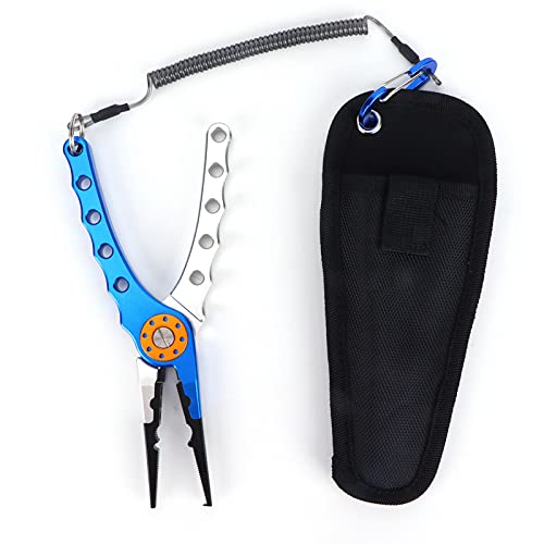 Fishing Pliers Saltwater, Split Pliers Hook Remover, with Safety Lock, Split Pliers Tools, with Sheath and Lanyard, Aluminum Alloy Multi Function Fish Tools - color: Blue Silver