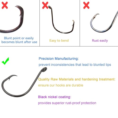 50Pcs Circle Hooks with Fishing Hook Remover, Super Sharp and Offset Catfish Octopus Circle Hooks for Saltwater and Freshwater, Nickel Coated High Carbon Steel, Sizes #1-8/0 - color: Black Nickel, size: 1/0