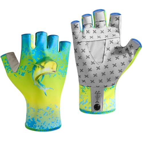 BASSDASH Unisex UPF 50+ Half Finger Sun Gloves Fingerless Breathable UV Protection for Fishing Hiking Kayaking Rowing FG02 - color: Mahi, size: Large