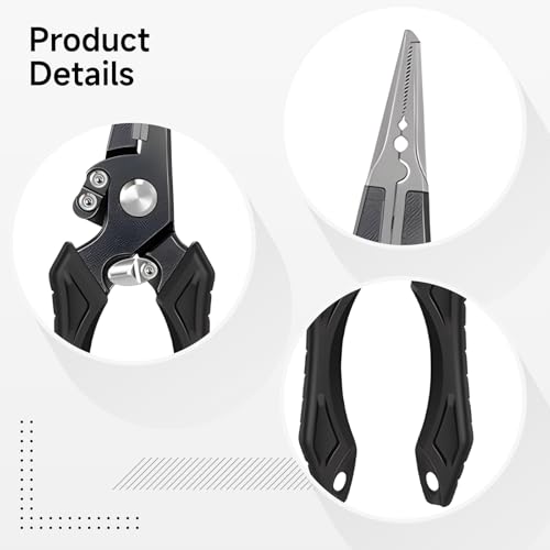 Aluminum Fishing Pliers, Stainless Steel Hook Remover, Tungsten Carbide Cutters, Serrated Jaws, TPR Ergonomic Handle, Includes Sheath and Lanyard