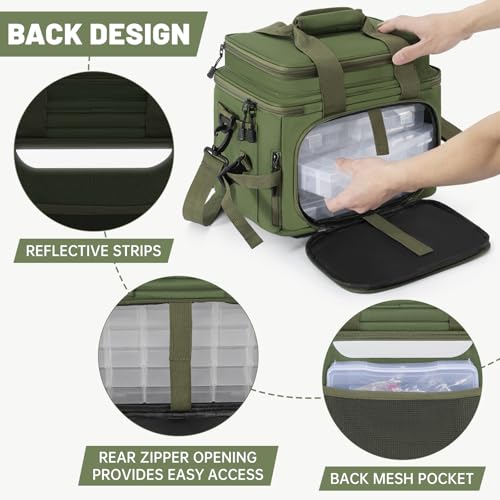 Fishing Tackle Bags with 4 * 3600 Tackle Boxes - Saltwater & Freshwater Compatible, Water Resistant & Durable Fishing Bags with Padded Shoulder Strap - Pliers and Gear Storage Green - color: Green, style: With 4 Tackle Boxes