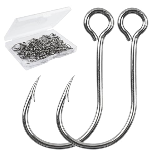 Inline Single Hooks, 80pcs Single Replacement Hooks for Hard Lure Baits Inline Circle Hooks Large Eye Fishing Lure Hooks for Treble Hook Replacement Saltwater Freshwater - size: 1/0-80pcs