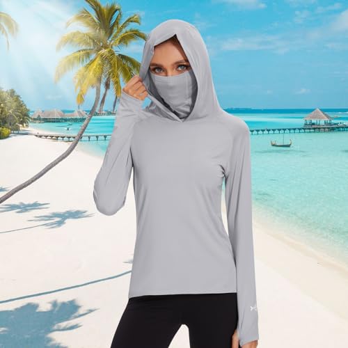 BASSDASH Women’s UPF 50+ Hoodie Shirt with Breathable Face Mask - color: Light Grey, size: Large