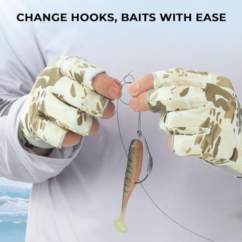 KastKing Agies Fishing Gloves Men, UPF 50+ Sun Gloves UV Protection, Cooling Quick-Dry 3/4 Fingerless Gloves with Extended Cuff, Microfiber Palm & Pull Tabs, for Fishing, Kayaking, Hiking, Hunting - color: X Camo-Neutral, size: Large-X-Large