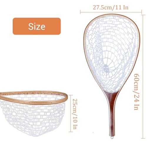 Wooden Frame Fly Fishing Landing Net, Soft Knotless Rubber Mesh, Fish-Friendly for Catch and Release, Freshwater Saltwater, Trout Fishing, Great Gift