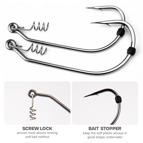 Weedless Swimbait Hooks with Screw Lock & Bait Stopper- 1/0 2/0 3/0 4/0 5/0 6/0 7/0 Sizes Worms Hooks for Bass Fishing - size: 1/0 - 40Pack