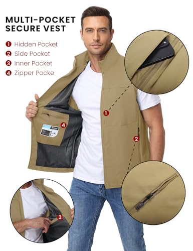 Eisctnd Mens Lightweight Quick Dry Vest Sleeveless Outdwear Utility Jacket | Utility Sleeveless Vest with Multi Pockets, Outerwear Hiking Fishing Photography Camping Travel Outdoor - color: Khaki, size: Small
