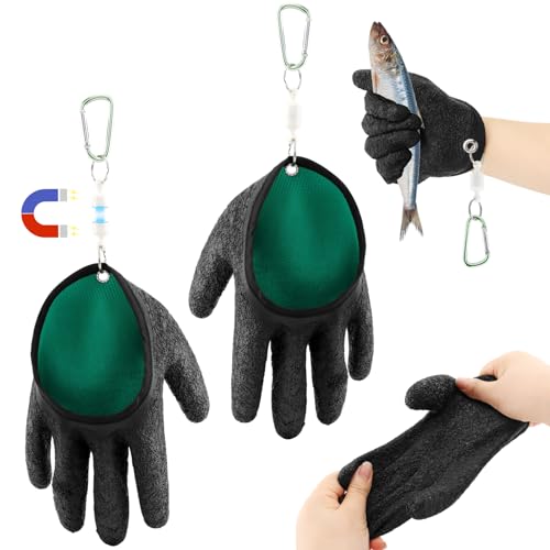 Saycker 2 Pcs Fishing Gloves with Magnet Release, Fisherman Professional Catch Fish Gloves Quickly Drying Fishing Puncture Proof Glove, Anti-Slip Fish Glove for Handling, Catching