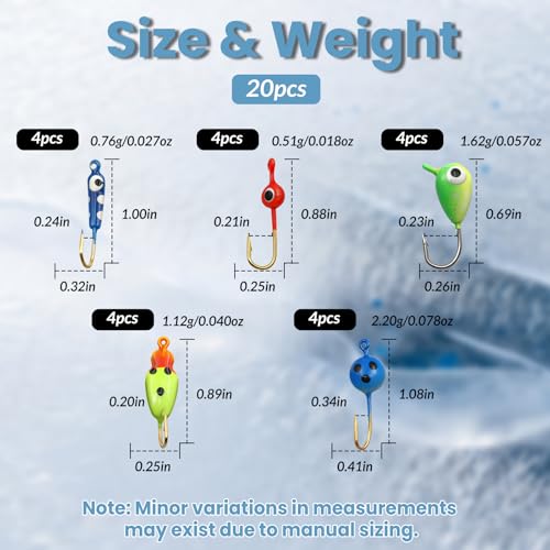 Natufish Glow Ice Fishing Jigs | Winter Ice Fishing Lures Set | Micro Jig Head for Pike, Panfish, Crappie, Perch, Walleye, Trout, Bluegill - with Storage Box - color: 20pcs