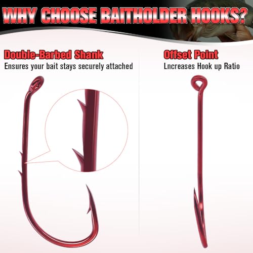 Baitholder Fishing Hooks 100 Pack - Double-Barbed Long Shank for Bluegill Bass Trout Walleye Black/Red, 8/0-#8 - color: 1-Red, size: 4/0 100-Pack