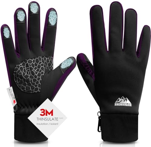 Bruvoalon Winter Gloves for Women & Men, 3M Thermal Insulation, Lycra Fabric, Touchscreen, Anti-Slip - color: Black/Purple, size: Medium