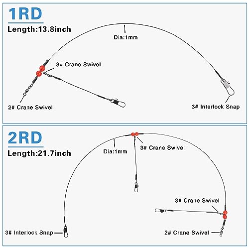 Fishing Leader Rigs Saltwater Freshwater Stainless Steel Wire Leader Fishing Rigs with Swivels Snaps Beads 1-3 Arms Saltwater Rig Wire Bottom rigs for Trolling Pier Surf Fishing Tackle - color: Black-1 Arm-12pcs