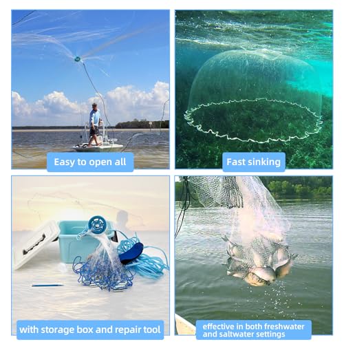 Cast Net for Bait Trap Fish,1/2 Inch Mesh Size | Throw Nets,Zinc Sinker Weights,Freshwater & Salt Water,3/4/5/6/8/9/10 Ft - size: 8ft Radius