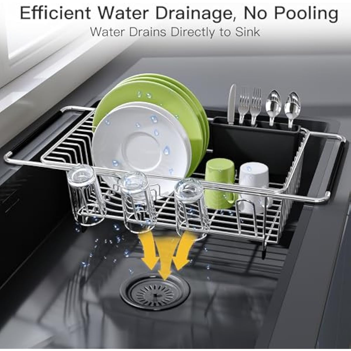 JASIWAY Dish Drying Rack in Sink, Expandable Stainless Steel Dish Drainers for Kitchen Counter, Dish Dryer Rack for Inside Sink, Over The Sink Dish Racks with Utensil Holder, Silver