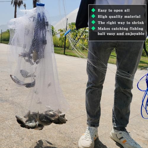 Drasry Saltwater Fishing Cast Net 3/8 and 1/4 Mesh with Heavy Duty Gray Sinker American Monofilament Fish Throw Net for Bait Trap 3FT 4FT 5FT 6FT 7FT 8FT 9FT Radius - size: 6FT Radius, style: 3/8 Mesh 0.6 Lb/Ft