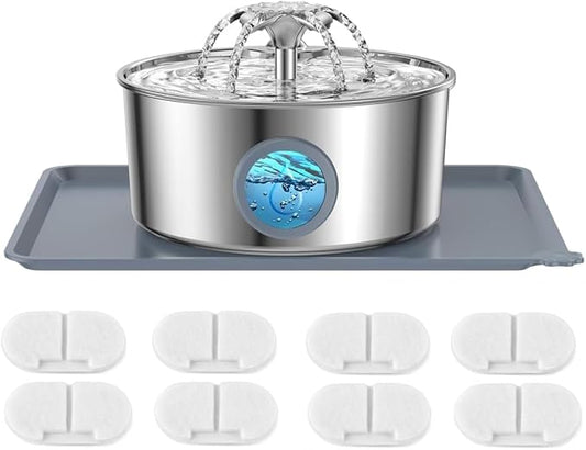 LucidShine 108oz/3.2L Stainless Steel Cat Water Fountain with 8 Replacement Filters（Up to 8-Month Supply）, Automatic Pet Drinking Fountain for Multi-Pet Households, Ultra Quiet Pump & Dishwasher Safe
