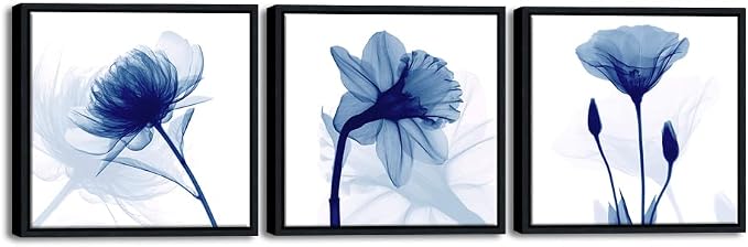 Wieco Art Framed Blue Abstract Flowers 3 Panels Canvas Prints Wall Art Modern