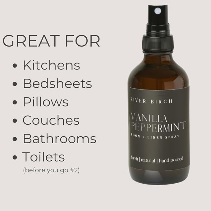 River Birch Vanilla Peppermint Scented Linen and Room Spray | Home Fragrance | 4 oz Glass Amber Bottle | Luxury Signature Scent | Handmade in Texas