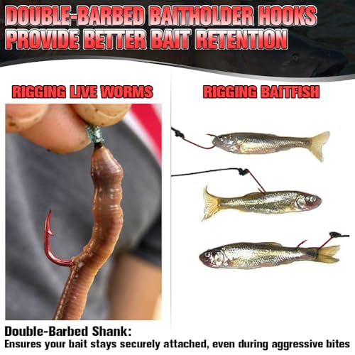 Baitholder Fishing Hooks 100 Pack - Double-Barbed Long Shank for Bluegill Bass Trout Walleye Black/Red, 8/0-#8 - color: 1-Red, size: 4/0 100-Pack