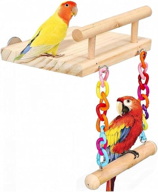 Natural Wood Bird Perch Platform with Colorful Chain Swing Toy, Parrot Hanging Stand Perch for Cockatiels Parakeets Lovebirds Budgies Conures, Cage Accessories Chewing Grinding Exercise Play Gym.