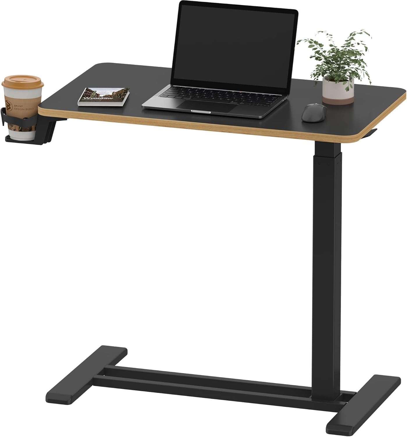SANODESK Medical Adjustable Overbed Bedside Table with Hidden Casters, Pneumatic Mobile Laptop Computer Standing Desk Cart with Tray, Hospital and Home Use(27.6" W x 15.7" D, Black)