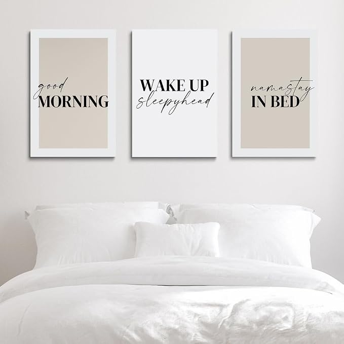 GUBIYU Bedroom Prints Set of 3, Above Bed Decor, Good Morning Namastay in Bed