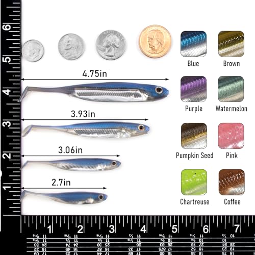 Dr.Fish Paddle Tail Swimbaits, Soft Fishing Lures for Bass Fishing 2.75-4.75 Inches, Freshwater & Saltwater Soft Plastic Baits Swim Shad Bait Minnow Lures Drop Shot - color: Pumpkinseed, size: 3.93"-5 Pack
