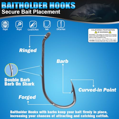 Baitholder Fishing Hooks 100 Pack - Double-Barbed Long Shank for Bluegill Bass Trout Walleye Black/Red, 8/0-#8 - color: 2-Black, size: 6/0 100-Pack
