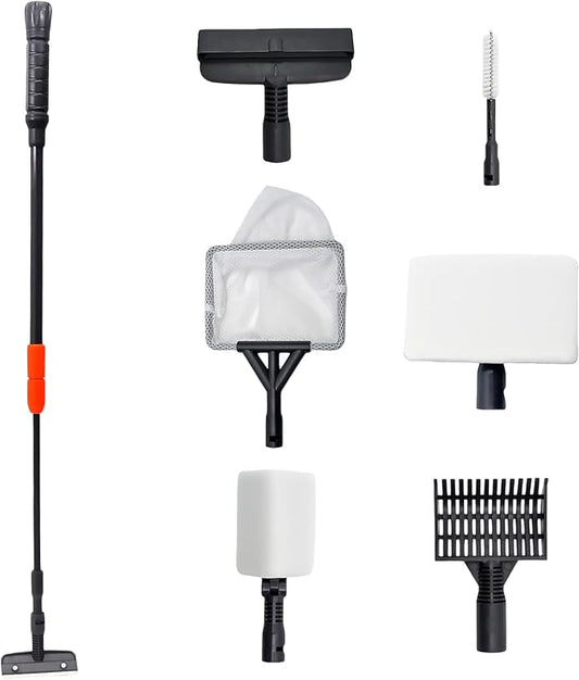 6 in 1 Aquarium Cleaning Tool Kit, Telescopic Handle Design, for 20-160 Gallon Freshwater and Saltwater Aquariums, Includes Algae Scraper, Sponge Pad, Pipe Brush, Gravel Rake, Fish Net