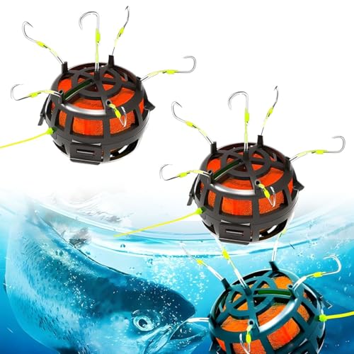 Reverse Bottom Bait Cage Fishing Hook, 360° Floating Bait Cage Fishing Hook, 6-Hooks Carp Feeder Rig, Spring Baits Cages Trap Fishings Hooks, Freshwater Saltwater for Carp, Catfish, Tilapia(2PCS,No. 1 - color: 2pcs, size: No. 11