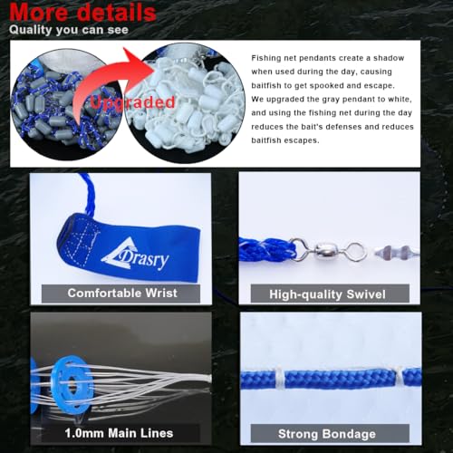 Drasry Saltwater Fishing Cast Net 3/8 and 1/4 Mesh with Heavy Duty Gray Sinker American Monofilament Fish Throw Net for Bait Trap 3FT 4FT 5FT 6FT 7FT 8FT 9FT Radius - size: 5FT Radius, style: 1/4 Mesh 0.88 Lb/Ft