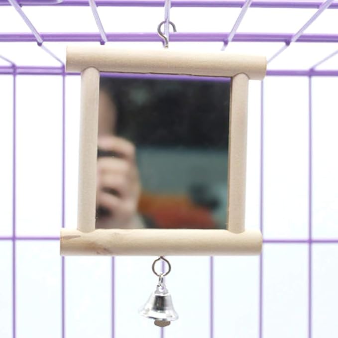 Bird Mirror Wooden Hanging Swing Interactive Play Toys for Small Parrot Budgies Macaw African Grey Parakeet Cockatiel Conure Lovebird Cage Accessories (Bird Mirror with Bell-ONE)