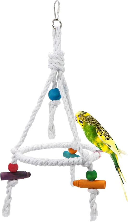 Litewoo Bird Parrot Cotton Swing Round Perch Stand with Chew Toy for Parakeet Budgie Cockatiel Finch Conure Canary Budgie