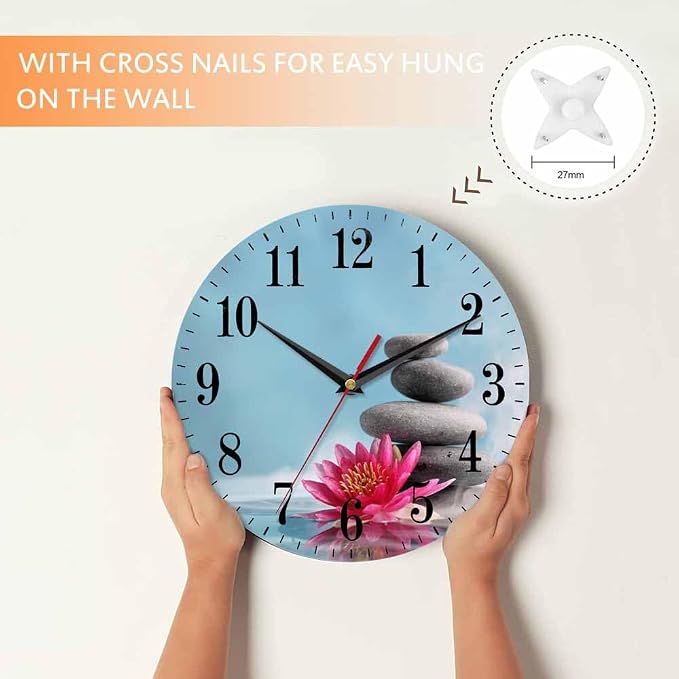 Mxocom Meditation Wall Clock Water Lily and Zen Stone Natural Still Relax 10
