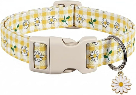 Cute Dog Collar, Yellow Plaid Dog Collar with White Floral Pattern, Spring Summer Design Floral Collar for Girls Boys Small Dogs