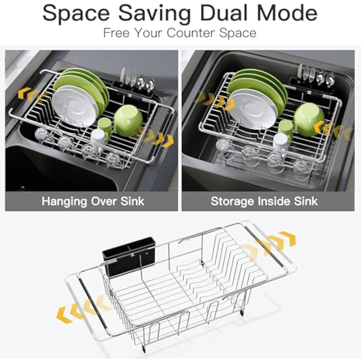 JASIWAY Dish Drying Rack in Sink, Expandable Stainless Steel Dish Drainers for Kitchen Counter, Dish Dryer Rack for Inside Sink, Over The Sink Dish Racks with Utensil Holder, Silver