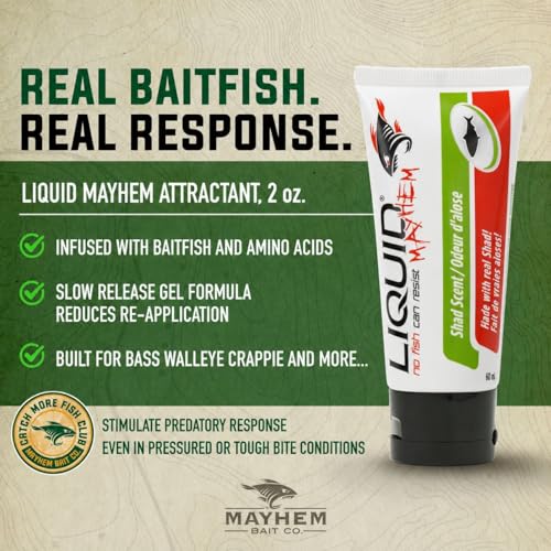 Liquid Mayhem Shad Fish Attractant Gel 60 ml / 2 oz · 60 Uses – Real Anchovy Bait & Aminos | UV-Enhanced Long-Lasting Gel – All Lure Types - size: 1-Pack
