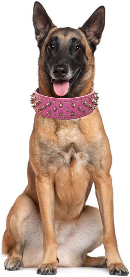 Serijoars Spiked Studded Dog Collar, PU Leather Dog Collar, Adjustable Pet Collars for Medium or Large Breed Pet (XL, Gold Brown)