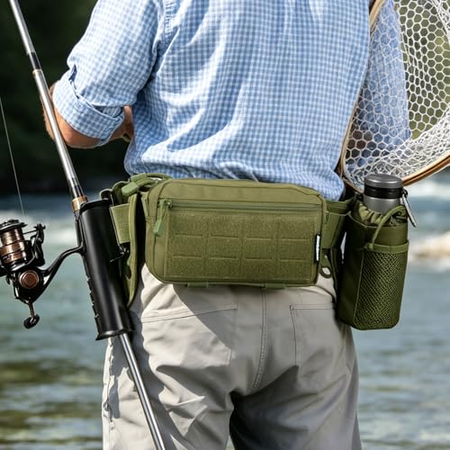 Fly Fishing Fanny Pack with Rod Holder & Adjustable Straps | Wading Belt for Fly Fishing with Net Slot, Fly Fishing Waist Pack - Holds 3 Fly Boxes - color: Green