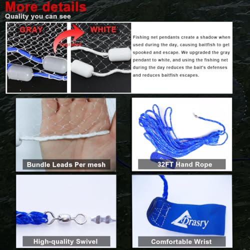 Drasry Saltwater Fishing Cast Net 3/8 and 1/4 Mesh with Heavy Duty Gray Sinker American Monofilament Fish Throw Net for Bait Trap 3FT 4FT 5FT 6FT 7FT 8FT 9FT Radius - size: 4FT Radius, style: 3/8 Mesh 1 Lb/Ft